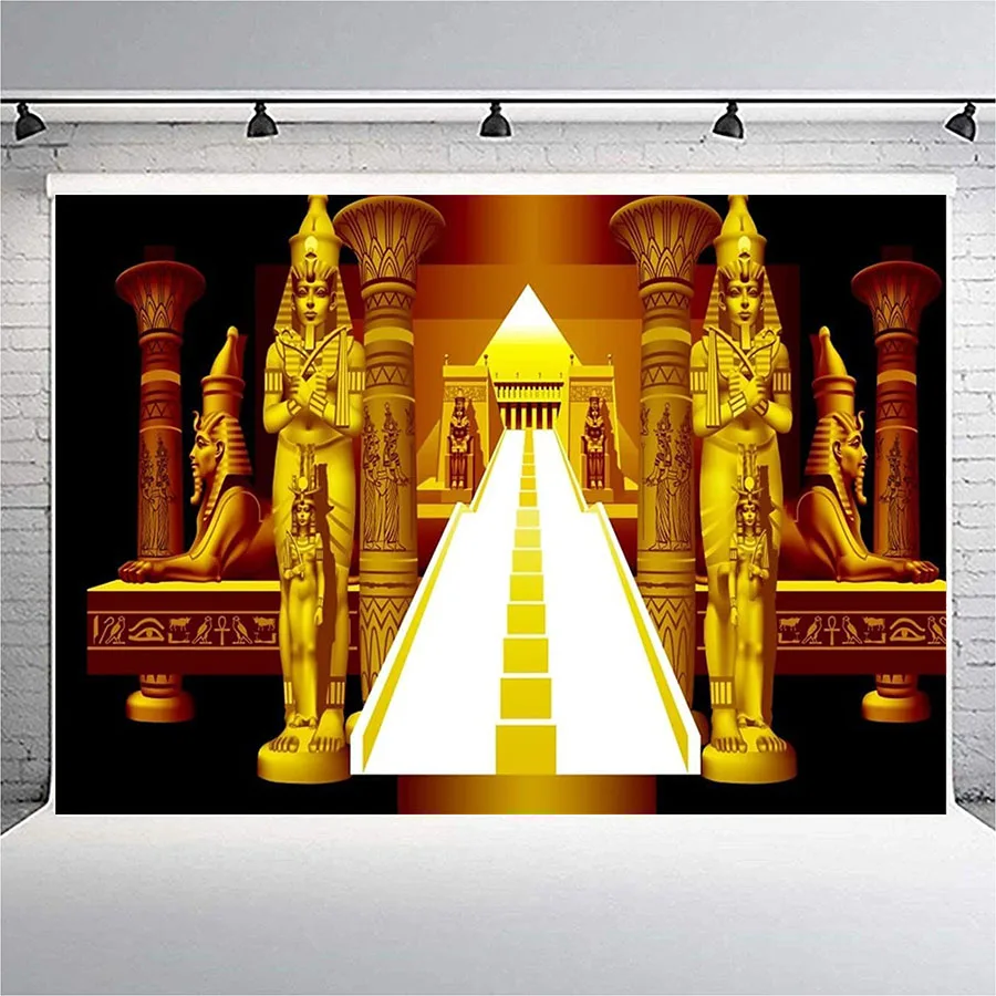 

Golden Egyptian Pharaoh Ancient Sphinx Backdrop Abstract Pyramid Stairway Photography Background Egypt Queen Party Wall Decor