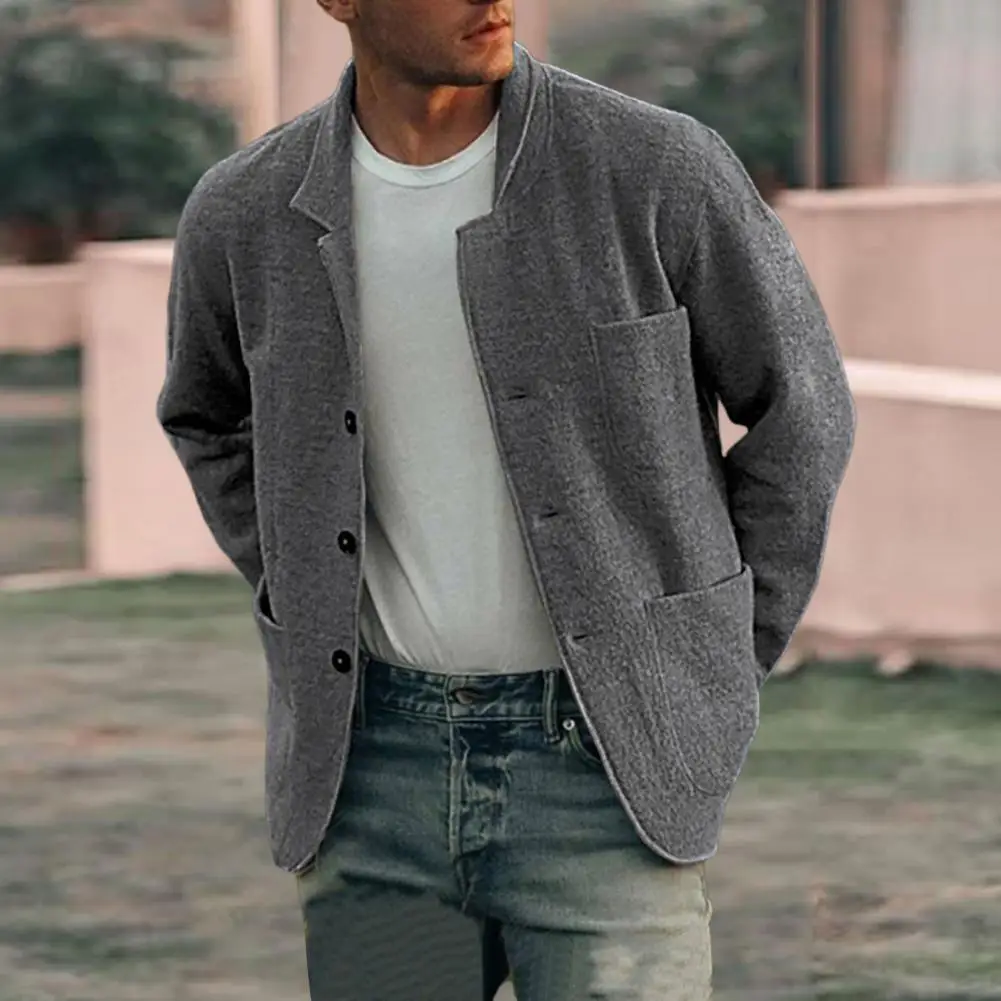 

Practical Pocketed Men Jacket Stylish Men's Lapel Woolen Coat Warm Single Breasted Jacket with Multi Pockets for Autumn/winter