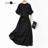 french elegant black jacquard satin 93natural mulberry silk medium long five point sleeve v neck flare sleeve dress