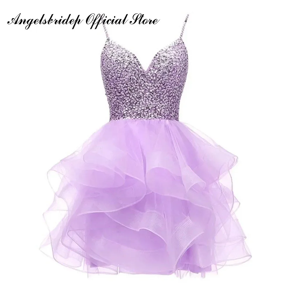 

Spaghetti Straps Short Homecoming Dress Tulle Prom Dress Beaded Bodice Sequins Party Gown 8 Grade Graduation Dress
