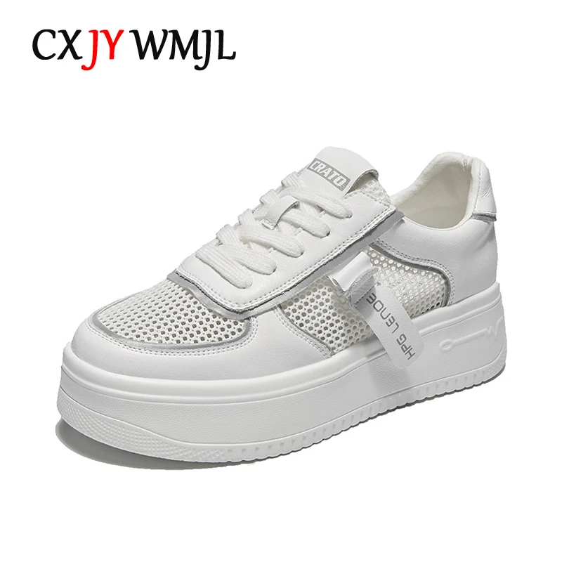 

CXJYWMJL Genuine Leather Women Platform Sneakers Summer Mesh Little White Shoes Ladies Casual Thick Sole Vulcanized Shoes