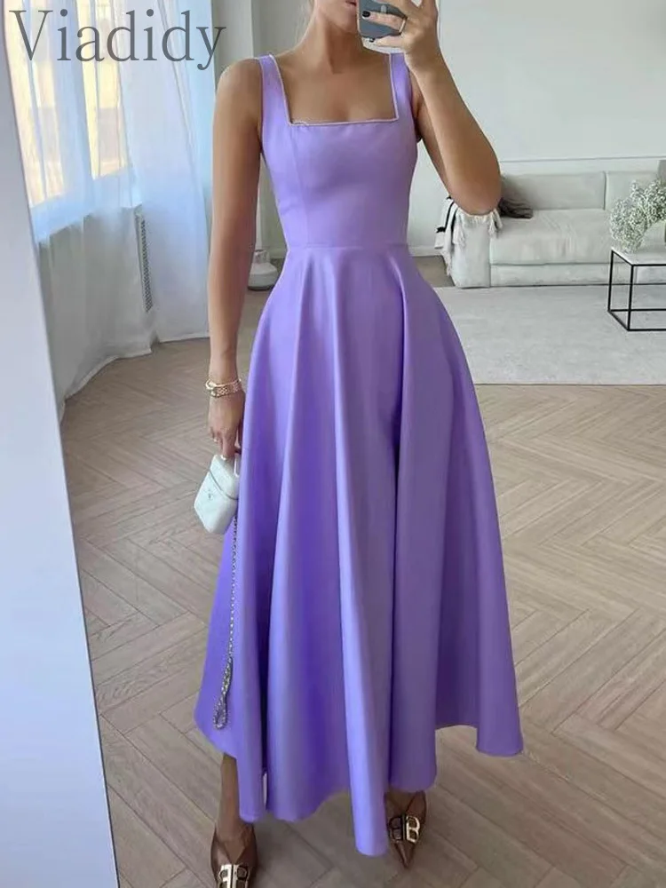 

Женское винтажное однотонное платье без рукавов, с квадратным вырезом и высокой талией