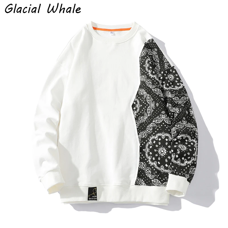 

GlacialWhale Mens Crewneck Sweatshirt Men 2022 New Graffiti Patchwork Sweatshirts Oversized Hip Hop Streetwear White Hoodies Men