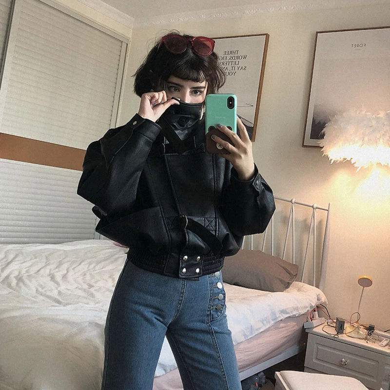 Куртка женская из искусственной кожи на молнии с рукавом летучая мышь | Женская