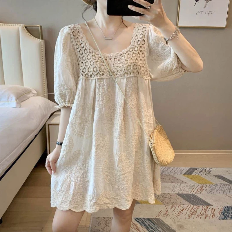 

Women Puff Half Sleeve Lace Mini Dress Hollow Crochet Knit Splicing Embroidery Floral Flowy Loose Tunic Top Cover Up