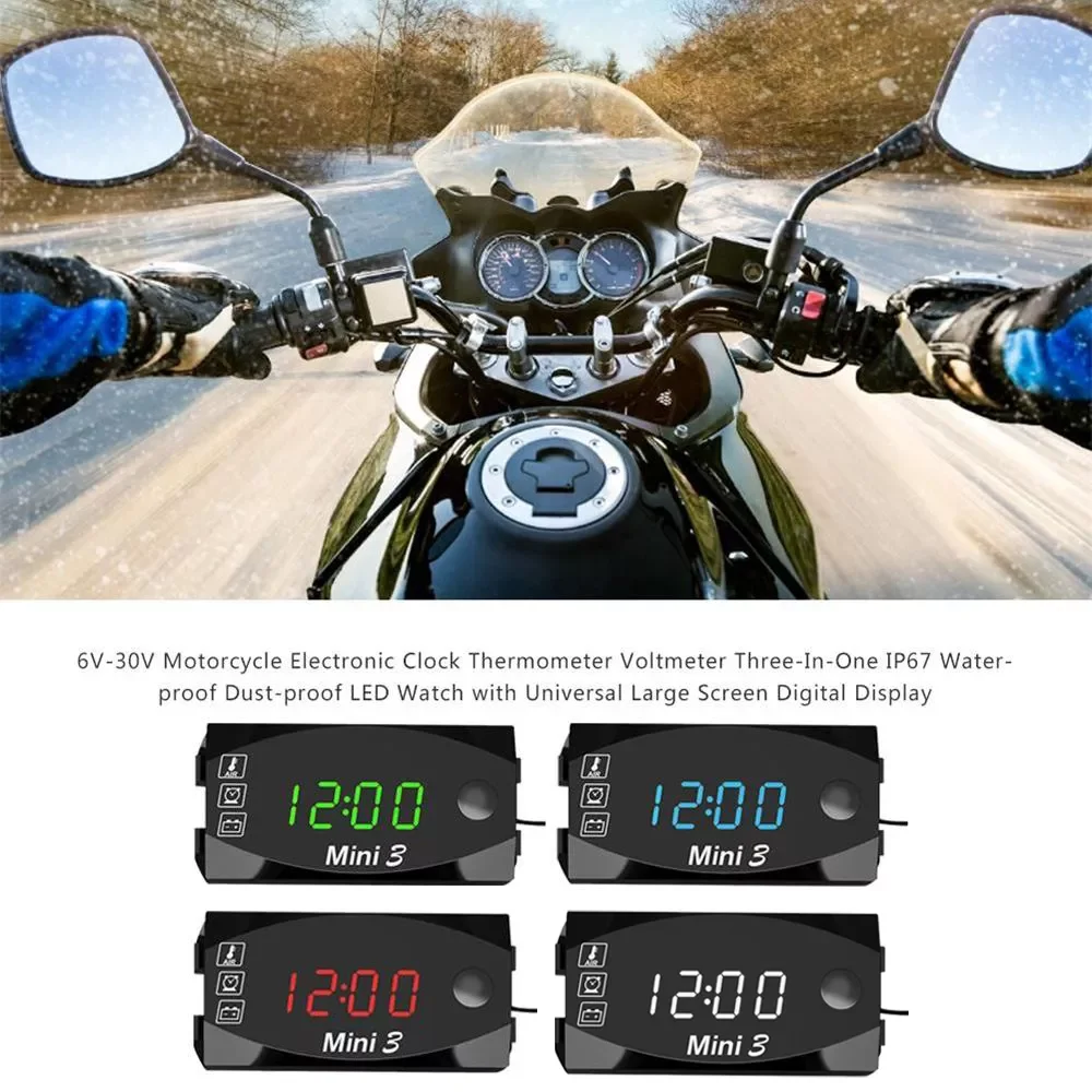

Three-In-One Motorcycle Electronic Clock Thermometer Voltmeter IP67 Dust-proof LED Watch Digital Display