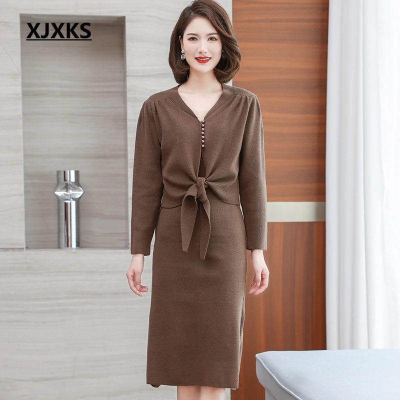 

XJXKS, новинка осень-зима 2022, Женский комплект из двух предметов, однотонный мягкий шерстяной вязаный кардиган + платья на бретельках