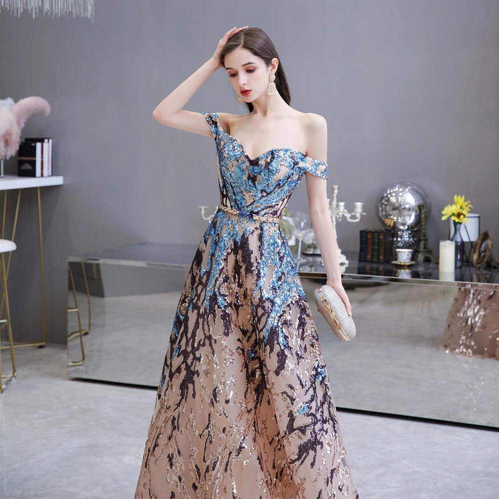 

Sexy Prom Dress Colorful Sequin Off Shoulder Sweetheart Long Party A Line Formal Graduation Gown Evening Celebration Dress