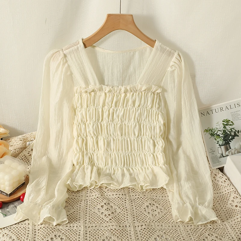 

Блузка женская шифоновая с оборками, квадратным вырезом и длинным рукавом