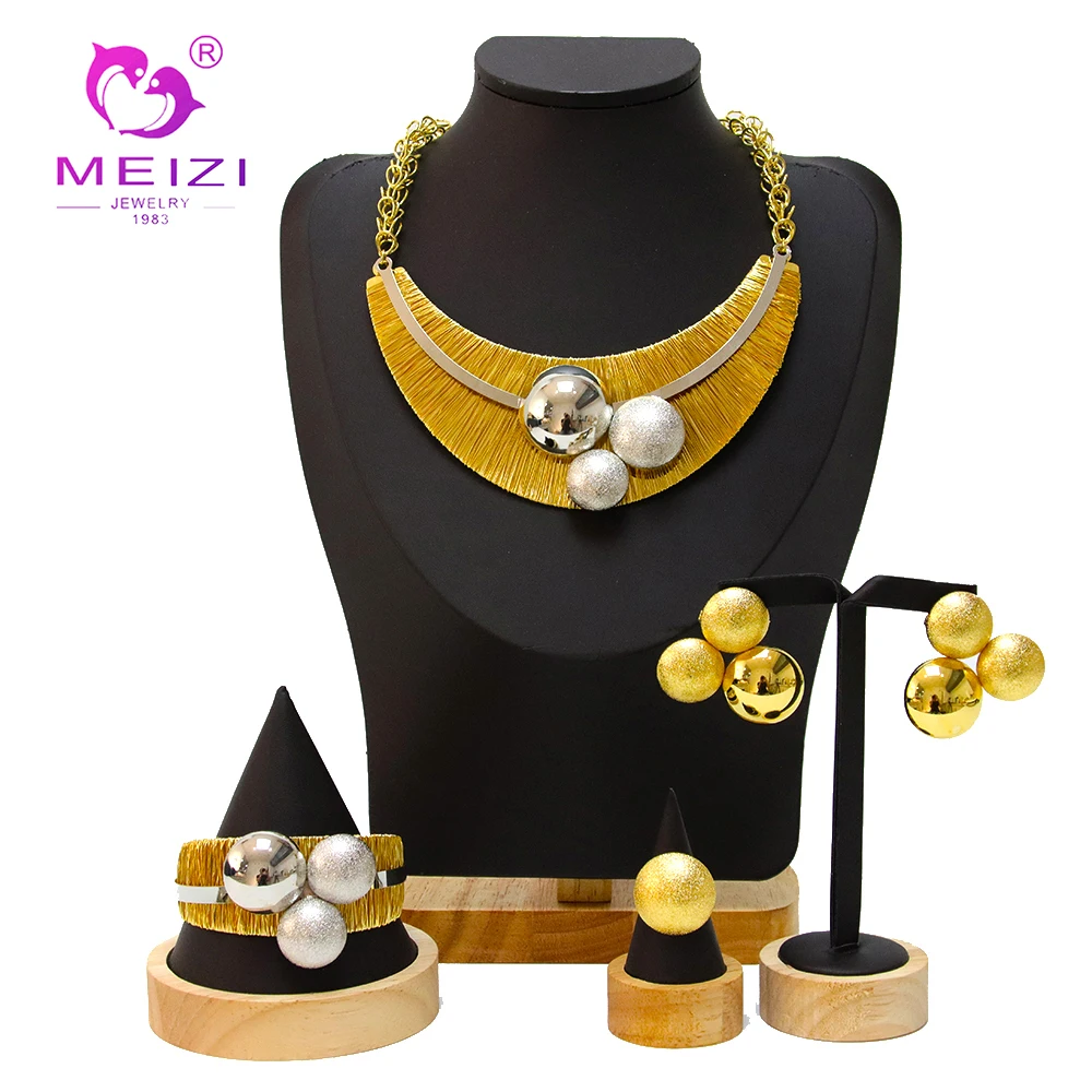 

Dubai 24k Gold Plating and Silver Wedding Jewelry Set For Women Necklace Bracelet Ring Earrings Banquet Party Adorn Gift Jewelry