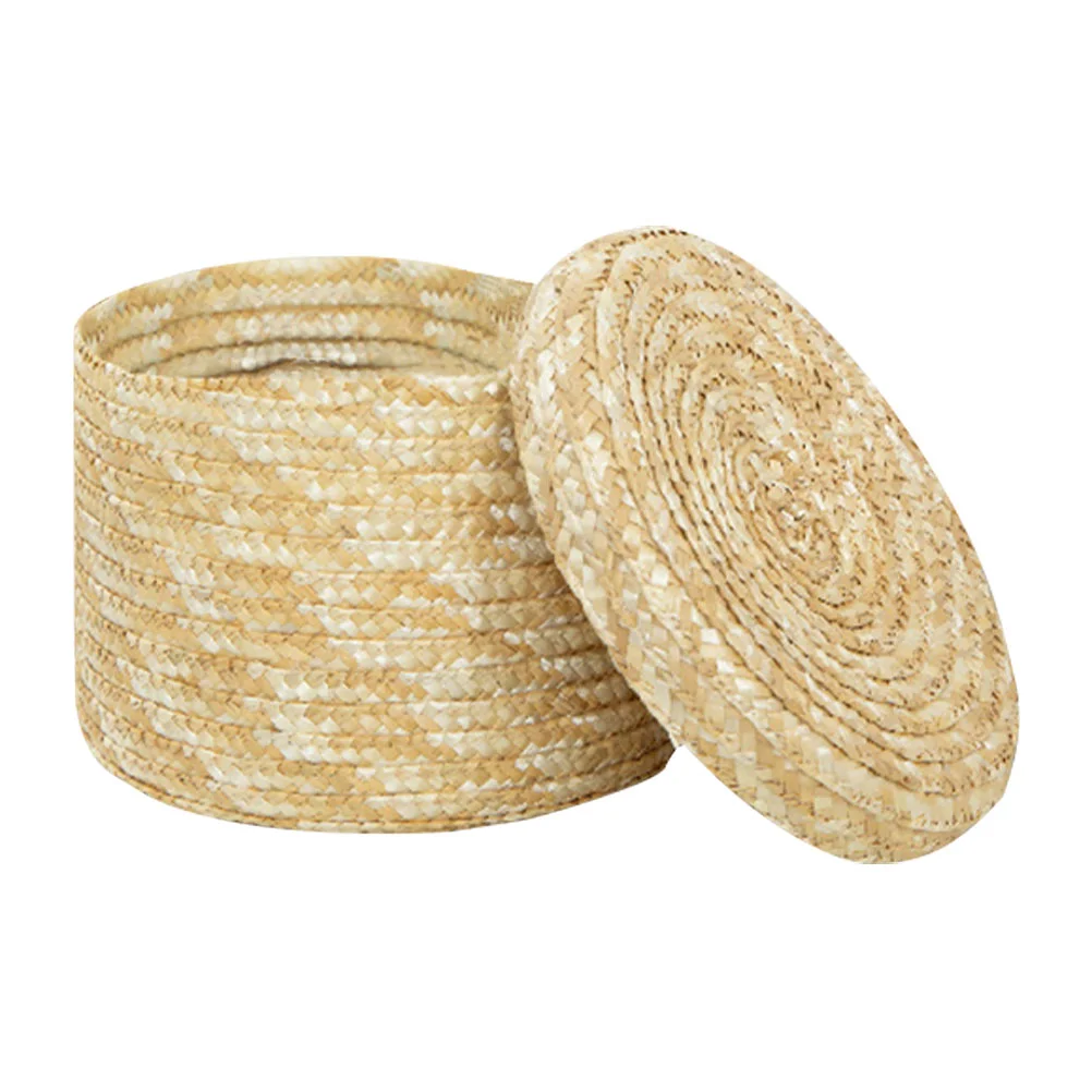 

Storage Basket Straw Bin Woven Wheathandwoven Organizer Desktop Small Round Baske Home Box Kids Holder Crochet Wicker Shelf
