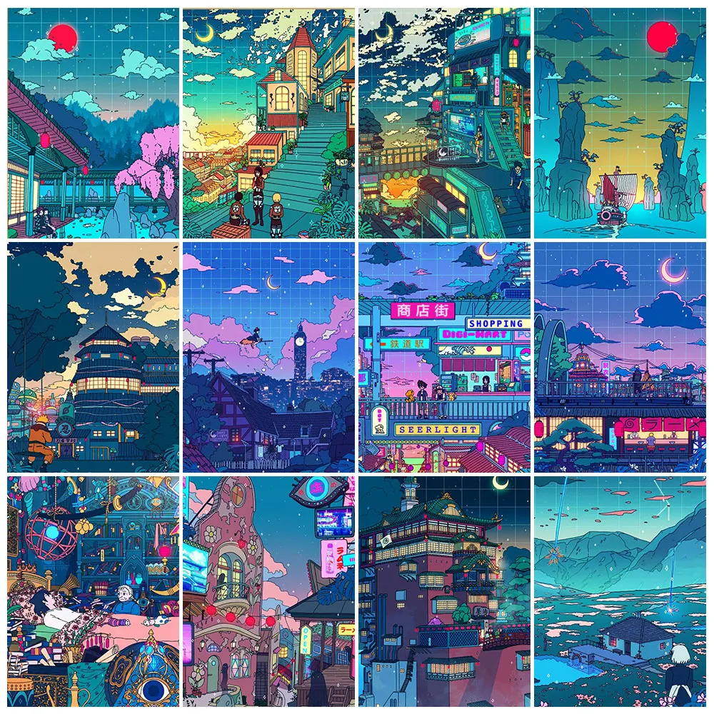 

Алмазная живопись 5D «сделай сам», японское аниме, вышивка ночного пейзажа, мозаика, декор детской комнаты, настенные наклейки