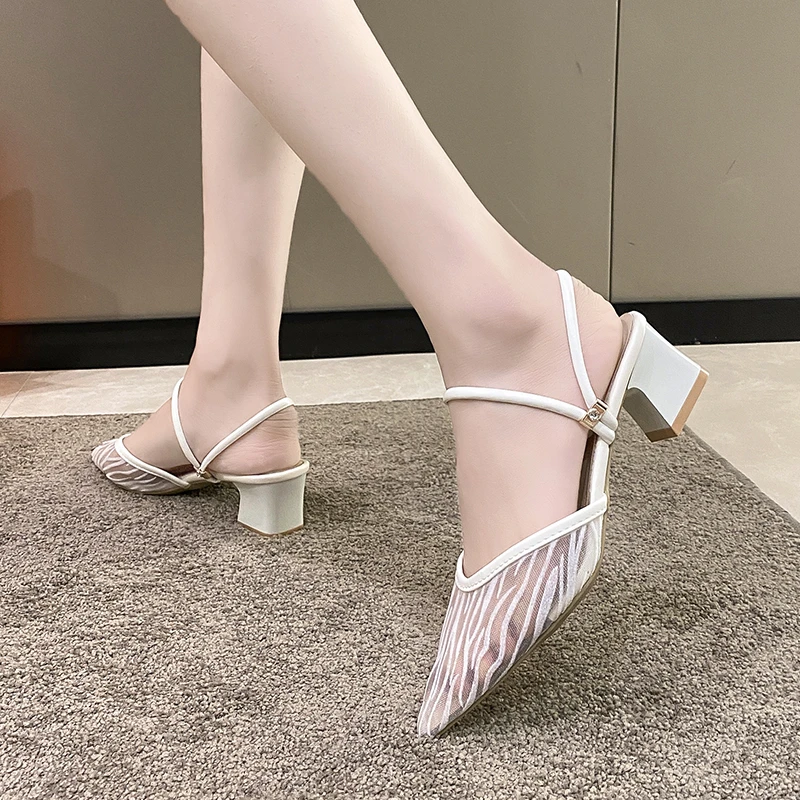

Solid Fashion Shoes Woman Slippers Breathable Thick Heels Sexy Slides Cover Pointed Toe Summer Sandals Women Shoes Plus Size