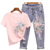 summer denim suit retro embroidery sequin three dimensional flower short sleeved t shirt ripped nine point jeans two piece set