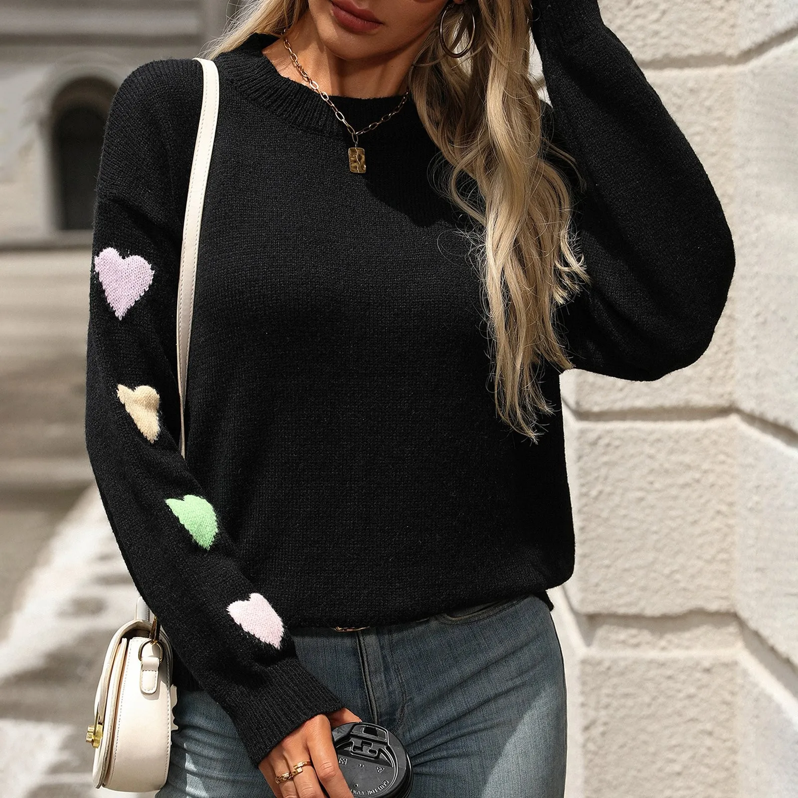 &quot Вязаный свитер для женщин лоскутное сердце однотонный пуловер ожерелье