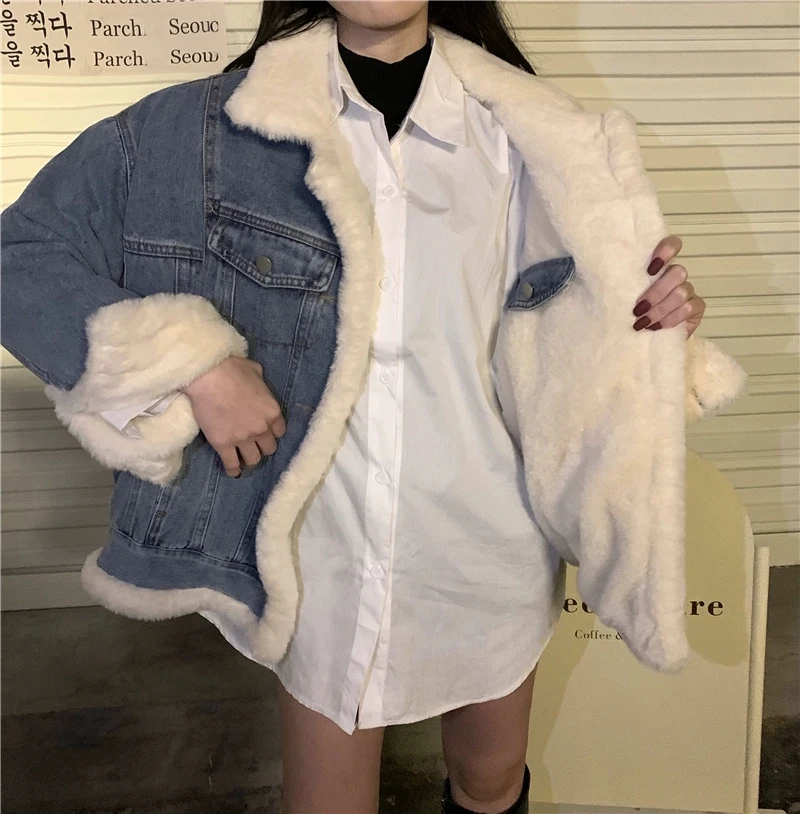 Джинсовое пальто из овечьей шерсти женское короткое Зимняя Толстая теплая