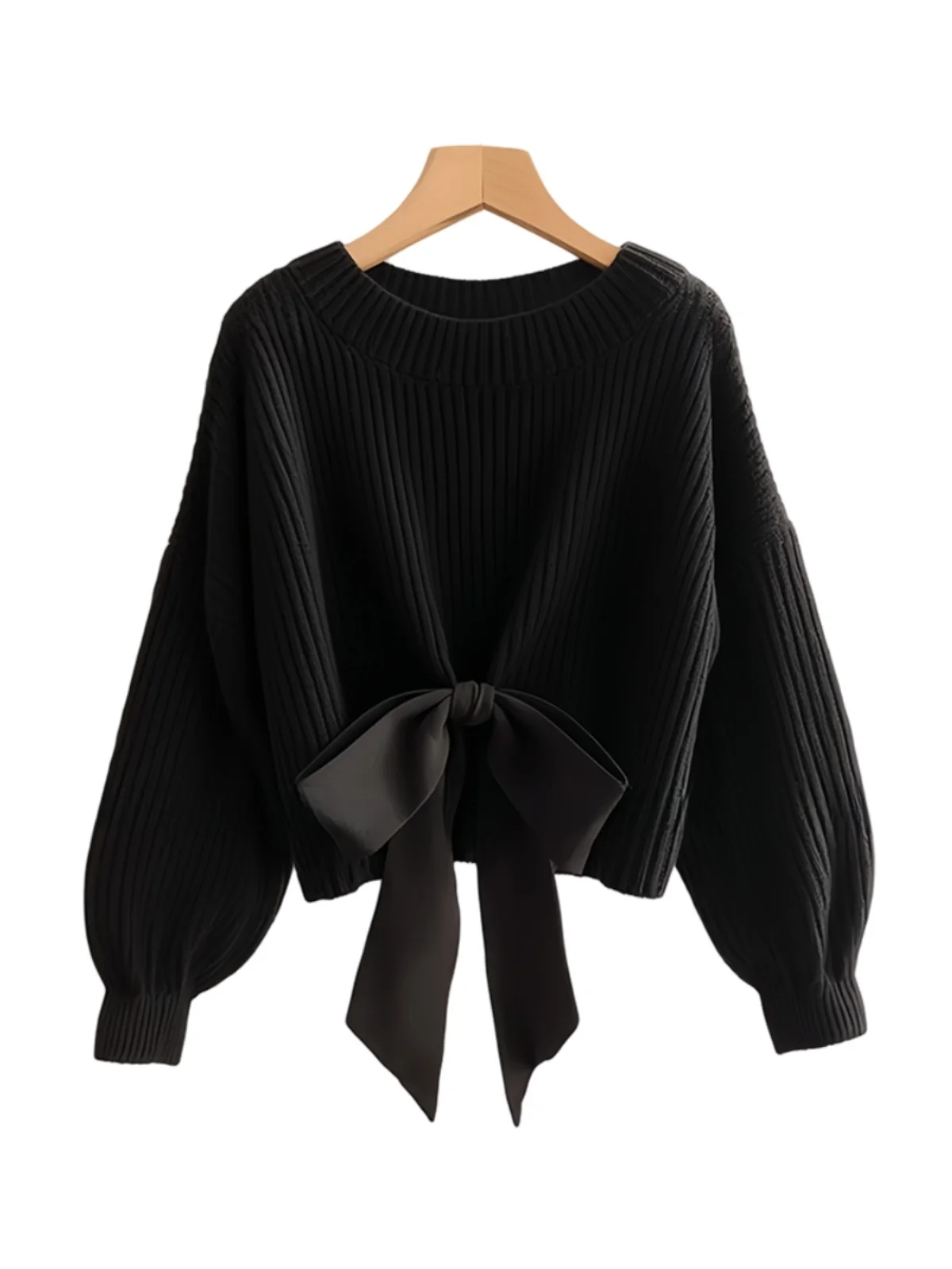 Свободный мягкий клейкий вязаный свитер с черным бантом для женщин новинка 2024