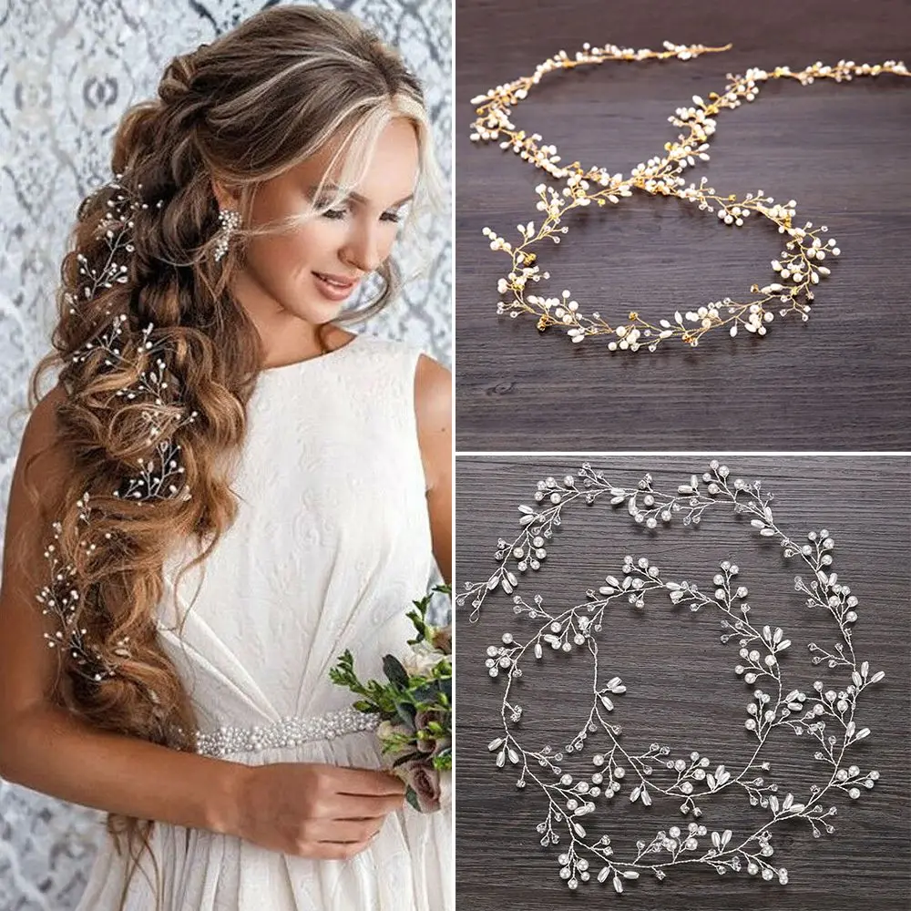 

Bridal's Tiara Long Chain Headpiece Romantic Wedding Hair Vine Diamante Headband Pearl Crystal Bride Accessories