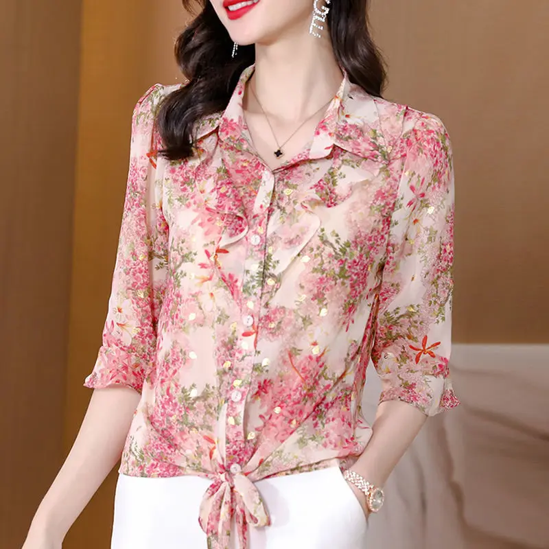 

Blouse crushed chiffon small shirt ladies foreign high-end photo 2022 spring and summer new slim large size blouse women's top