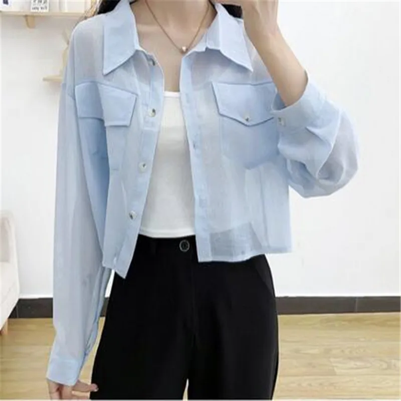 

Office Lady Spring Summer Thin Solid Women's Clothing Loose Polo-Neck Button Chiffon Single Breasted Short Clothes Women Shirt