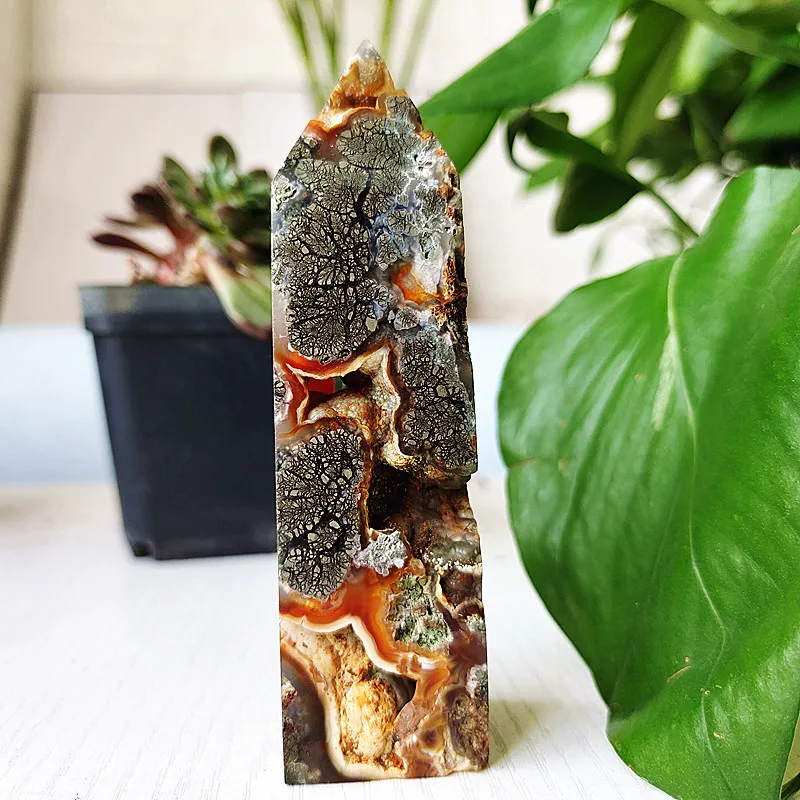 

Natural Agate Crystal Tower Stone Wand Point Room Decoration Agate and Pyrite Mineral Symbiont Ornaments Reiki Healing Crystals