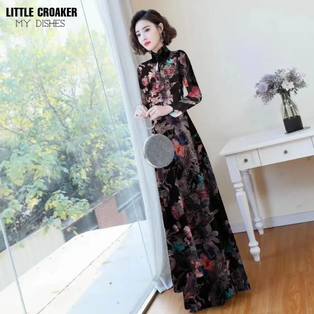 Женское платье-Ципао с цветочным принтом и длинным рукавом