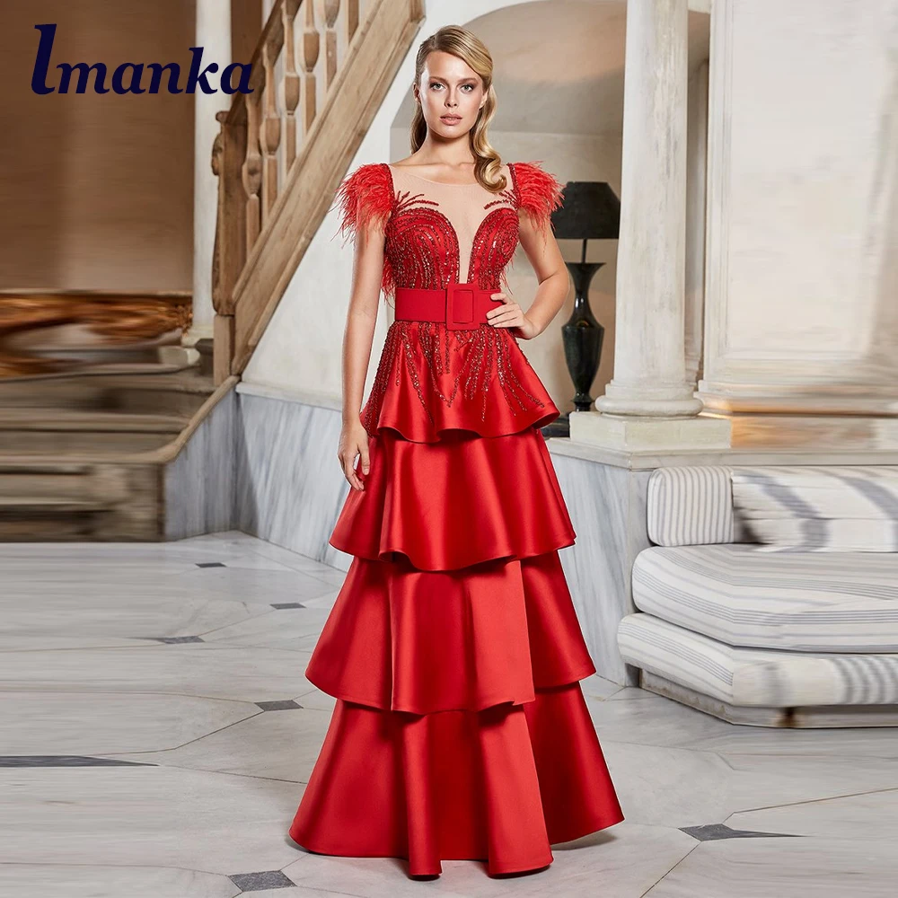 

IMANKA Red Tiered Belt Feathers Prom Evening Dress O-Neck Short Sleeve A-Line Satin Backless Appliques Robe De Mariée Customised