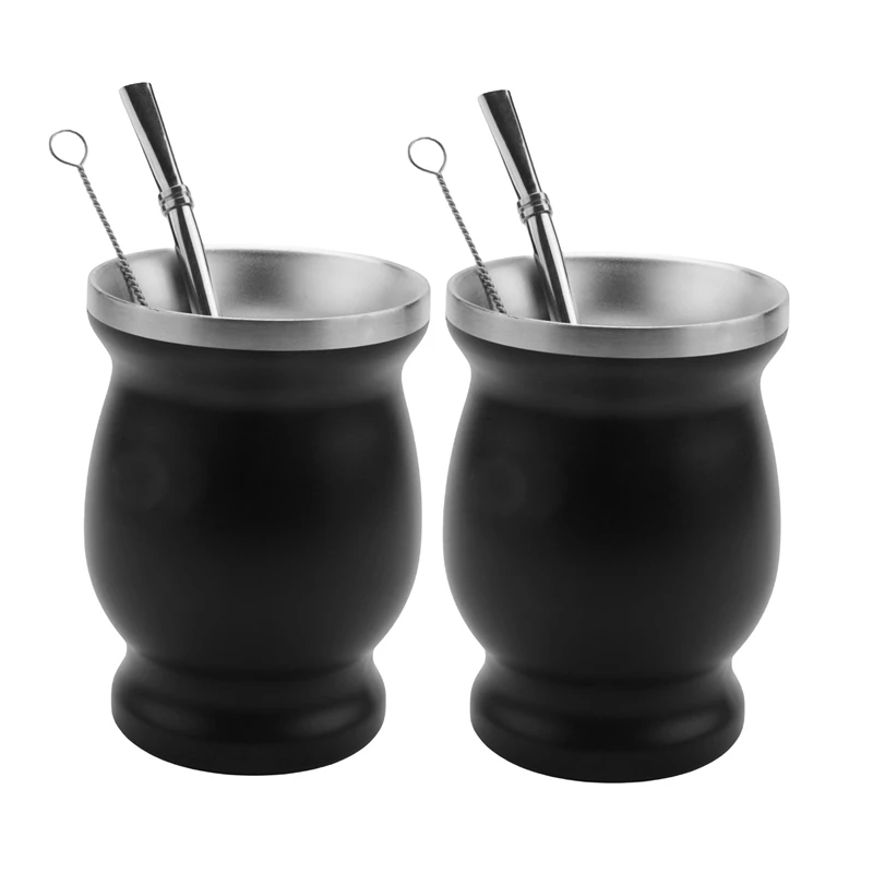

2X Double-Wall Stainless Yerba Gourd Mate Tea Set Coffee Water Mate Tea Cup With Spoon Straw Bombilla 8Oz