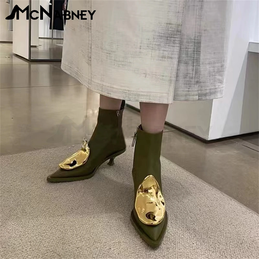 Metal Trim Black Leather Boots Pointed Toe Shaped Heel Ankle Boots Solid Color Zipper Short Boots Fashion Sexy Women High Heels