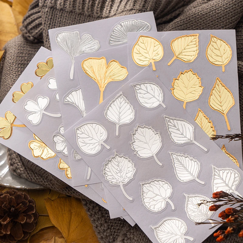 

20Packs Wholesale Golden Bronzing Decorative Stickers Silver Ginkgo Leaf Maple Basic Paper Grass Account Yellow Sticker Material