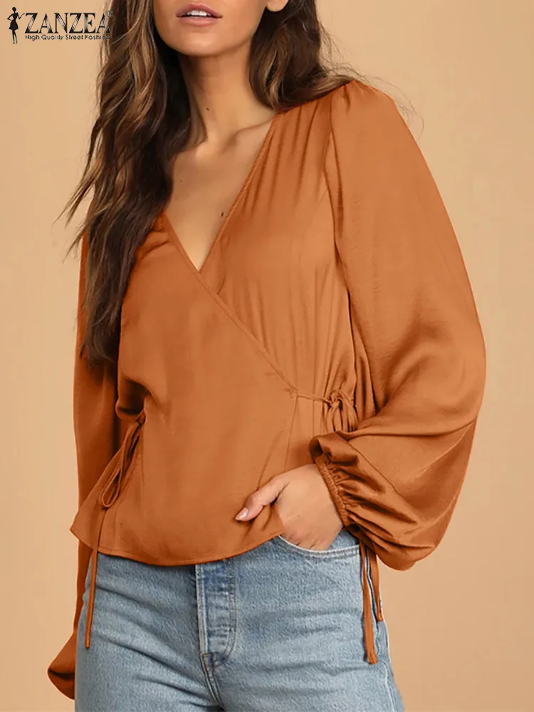 

2022 ZANZEA Women Solid Color Blouse Femme Fashion Casual Elegant Loose Casual Tops V-Neck Full Sleeved Baggy Holiday OL Shirts