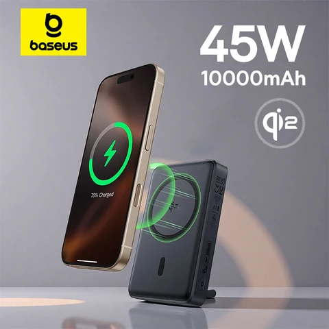 Baseus Qi2 45 Вт Power Bank 10000 мАч с подставкой для MagSafe 15 Вт Магнитная беспроводная зарядка Powerbank для iPhone 17 16 Samsung