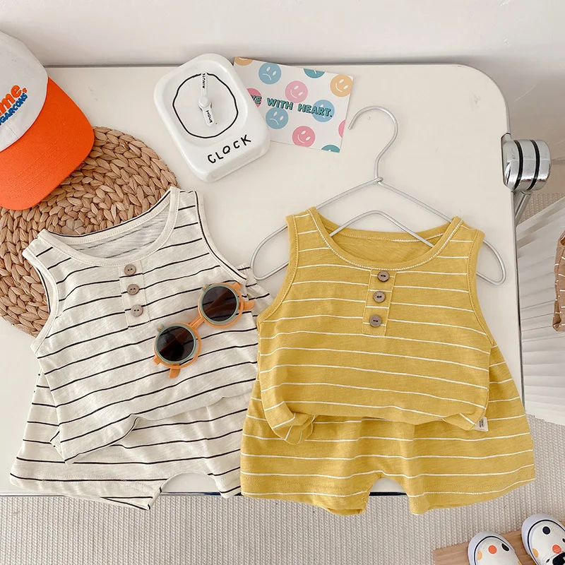 

Baby Boys Clothing Sets Summer Casual Children's Clothes for Boys Striped Sleeveless Vest Tops and Shorts 2Pcs Toddler Kids Suit