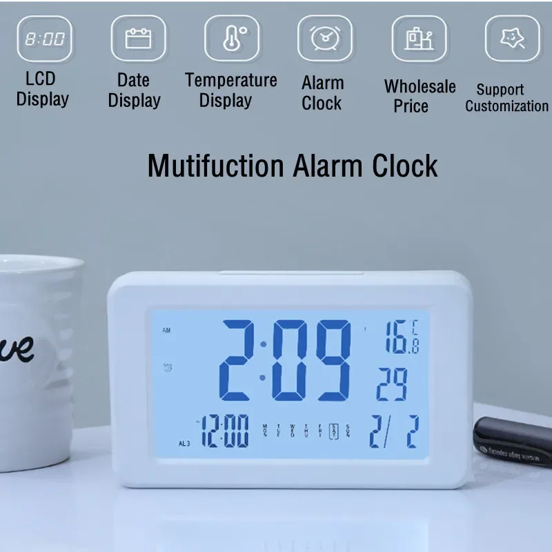 

NEW LCD Digital Alarm Clock Teperature Date Day of Week Display Snooze Desktop Table Clock 12/24H 3 Alarms Electronic Watch