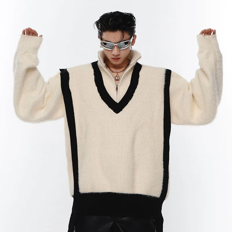 

High Neck Male Pullover Sweater Ribbon Splicing Design Contrast Color Loose Thickened Knits 2023 Autumn New Fashion 9A6583