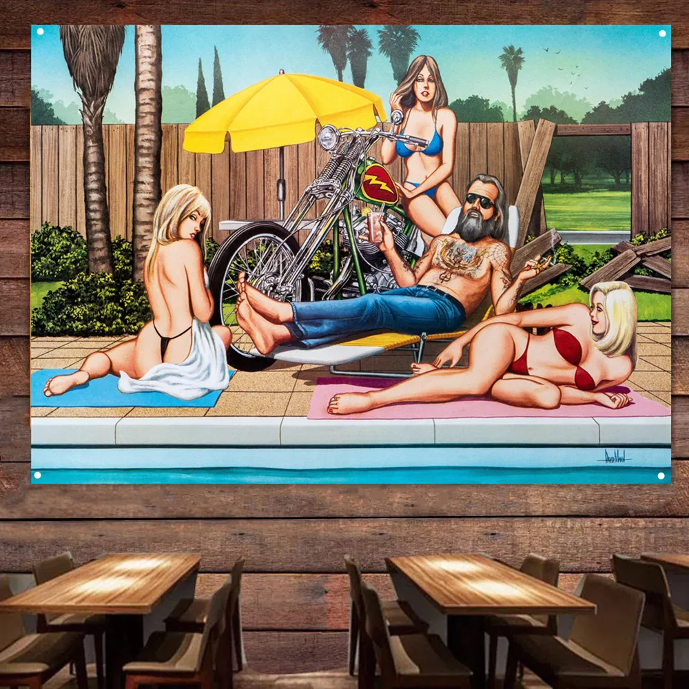 Настенный плакат для бассейна мотоцикла байкера украшение стен баннер флаг