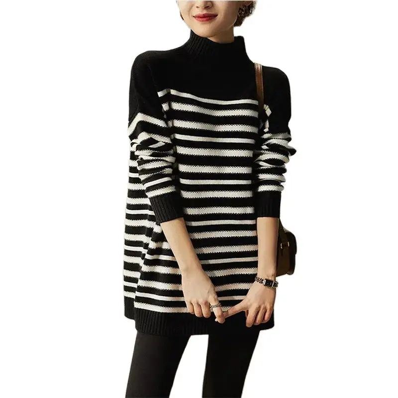 

2023 New Half Turtleneck Stripe Sweater Autumn Winter Bottoming Shirt Women's Wrapped Hip Mid length Knitted Pullovers BC429