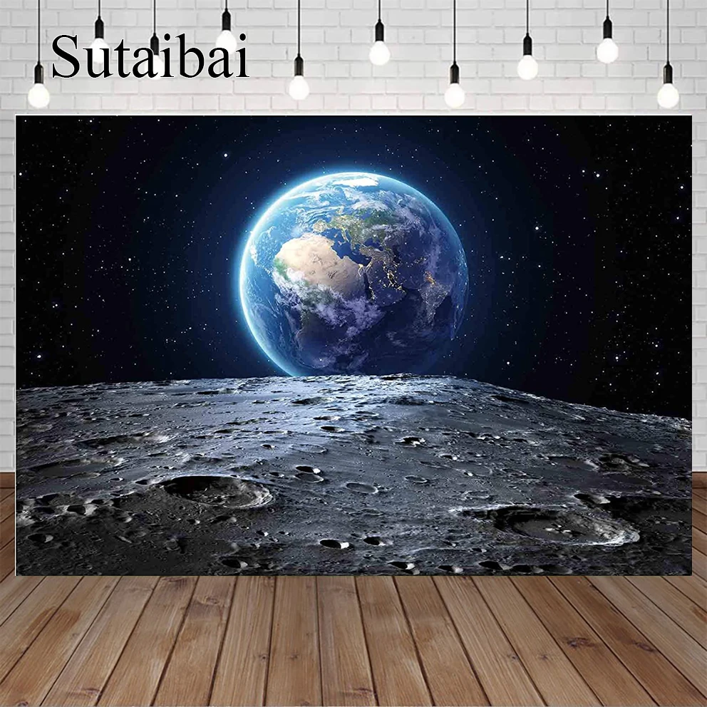 

Universe Photography Backdrop Outer Space Earth Surface Planet Stars Footprints Kids Astronaut Party Background Birthday Party