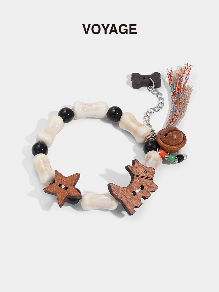 Wooden Puppy Bell Tassel Bracelet Girls Light Luxury Exquisite New Chinese Sle Retro Braided Rope Hand Jewelry