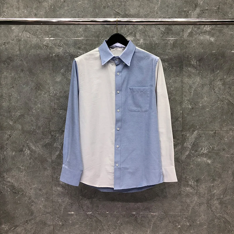 TB THOM Shirt Spring Autunm Fashion Brand Men's Shirt White Blue Patchwork Casual Cotton Poplin Shirt Custom Wholesale TB Shirt