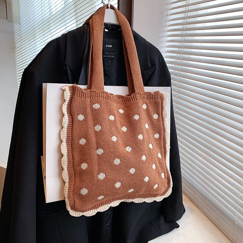 

Cute Dot Knitted Handbags Women Large Capacity Woven Shopping Bags Casual Lightweight Single Shoulder Bag