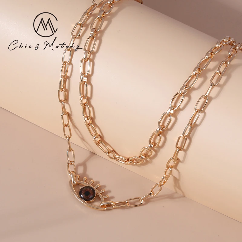 

Chic Matchy Evil Eye Design Necklace 18K Gold Plated Double Layers Necklace for Women Black Resin Pendant Fashion Daily Jewelry