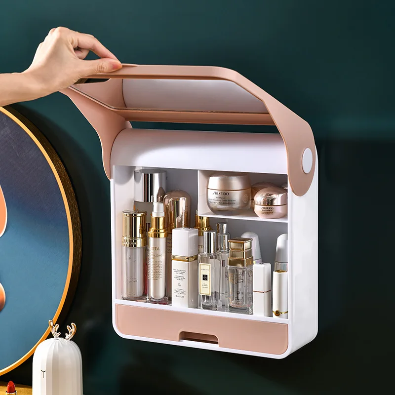 

Bathroom Wall-mounted Makeup Organizer Punch-free Large Capacity Jewelry Cosmetic Storage Box Women Skin Care Beauty Rack
