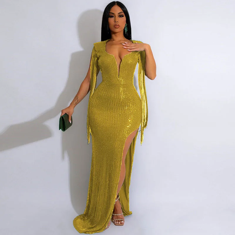 

Женское вечернее платье макси с разрезом по бокам и блестками