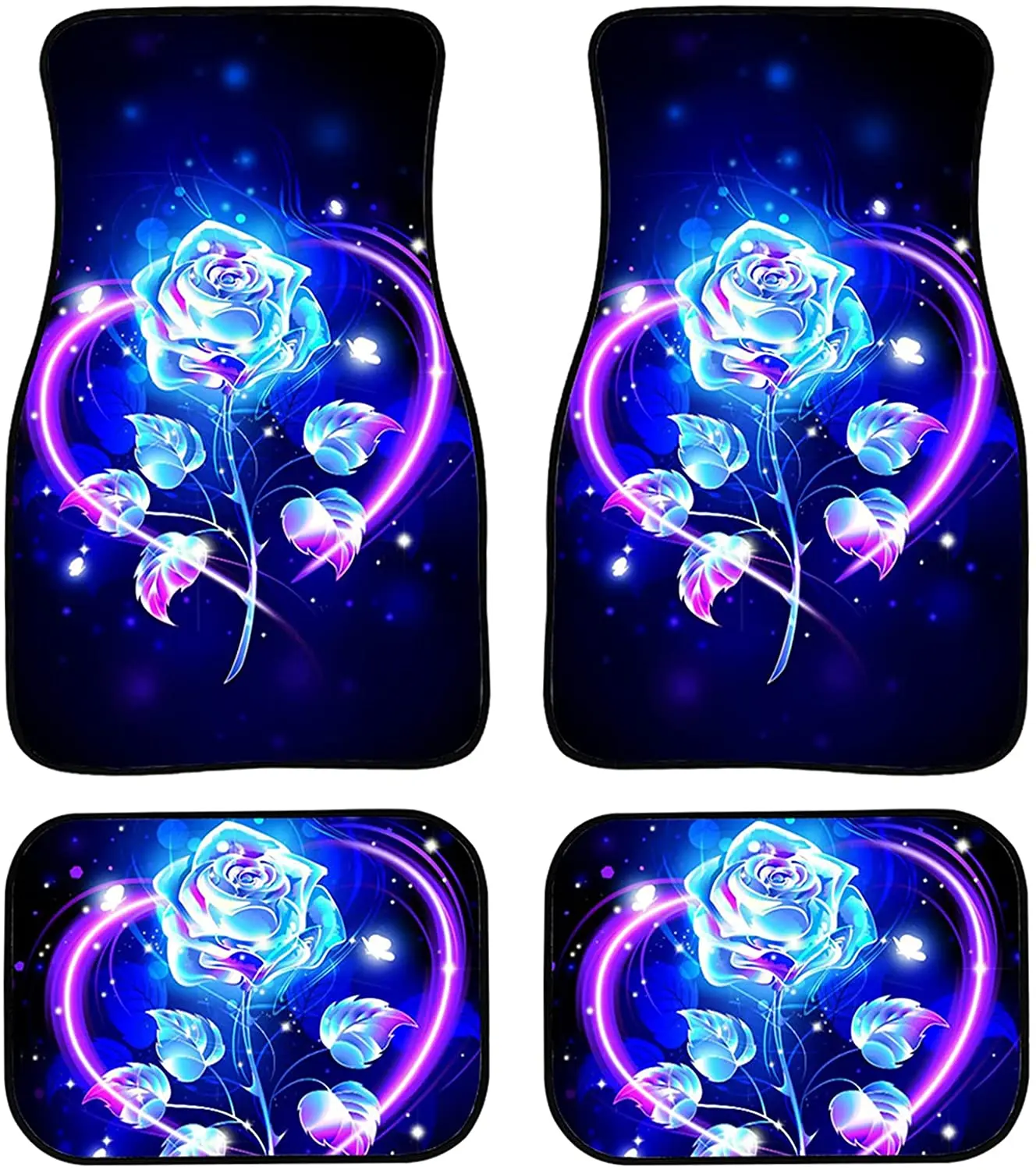 

UNICEU Car Front Rear Carpets Floor Protector Mats, 4pcs Full Set, Shiny Blue Rose Flower Print Car Decor Accessories for Women