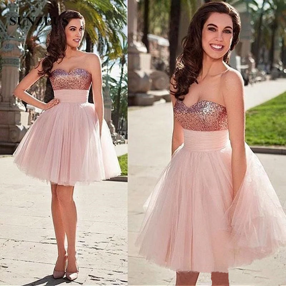 

New Lovely Pink Homecoming Dresses Short Cocktail Gowns Sweetheart Sleeveless Party Dresses Open Back Sequin Bodice Knee Length