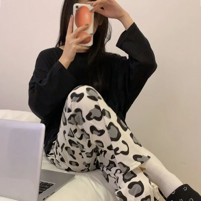 QWEEK Autumn Women's Clothing Solid Color Black Top Leopard Print Pants Pajamas Bedroom Set Girls Home Clothes Pijamas Pyjamas