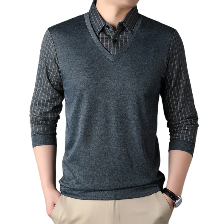 

Мужская одежда осень-зима Мужская трикотажная одежда с длинным рукавом воротник поло из двух частей клетчатая рубашка