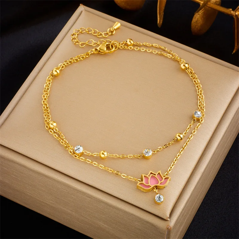 

316L Stainless Steel Pink Lotus Flower Anklets For Women Girl New Trend Multi-layer Chains Non-fading Jewelry Gift Dropshipping