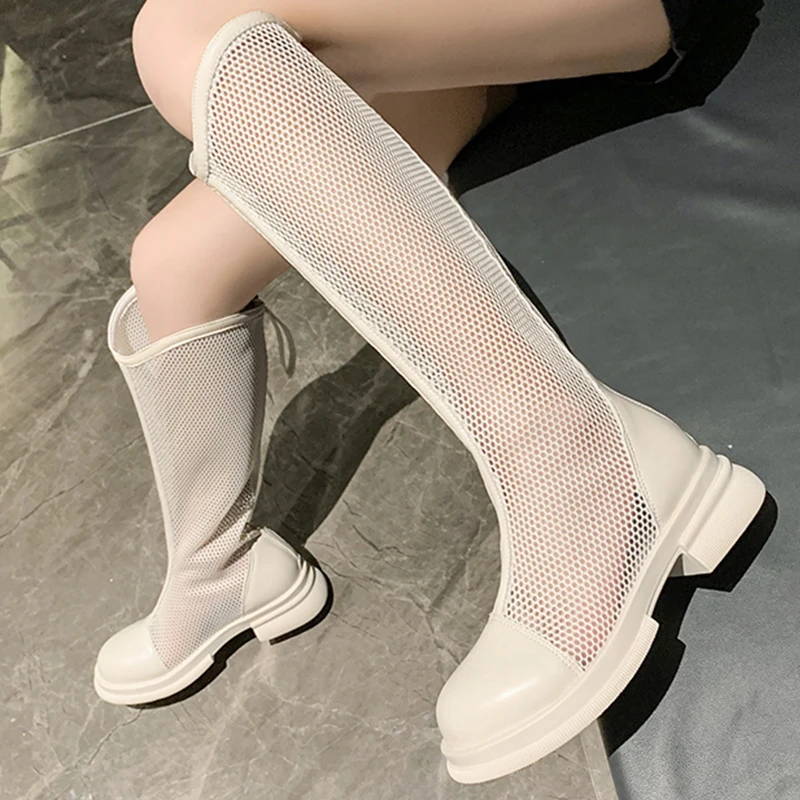 

Flats Sandals Women Mesh Over The Knee High Boots 2022 Spring Summer Chunky Cool Boots Sandals Non-slip Breathable Women Shoes